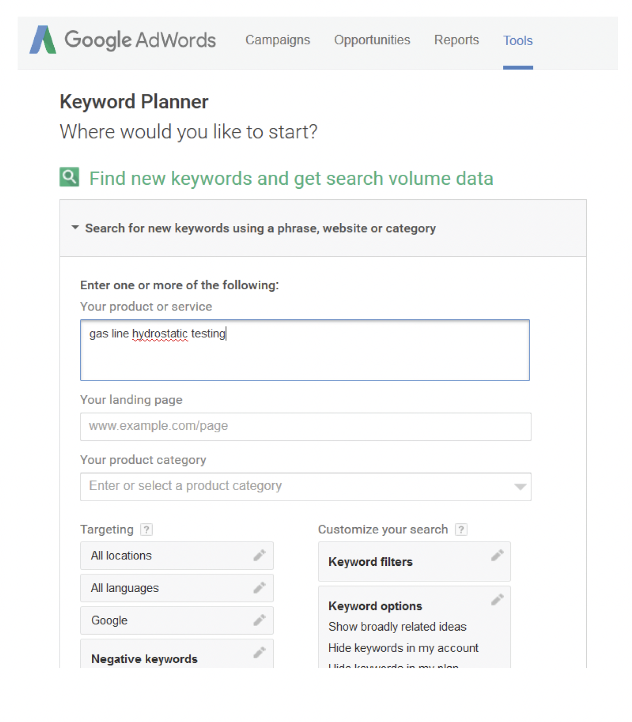 Adwords keyword planner – Cost of Lead Acquisition 
